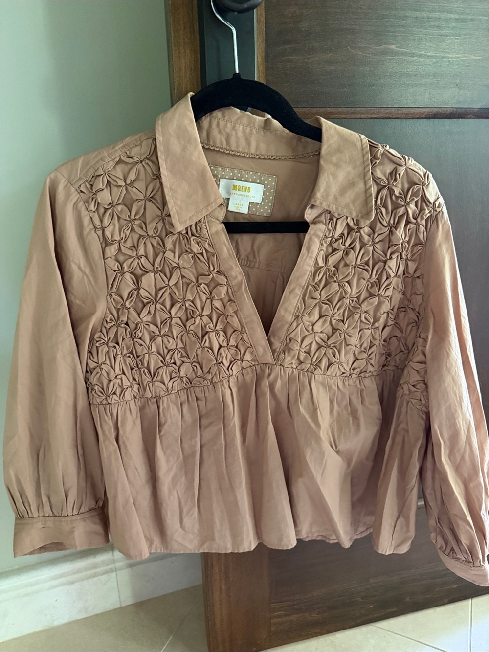 Maeve Mauve-Tan Smocked V-Neck Peasant Blouse